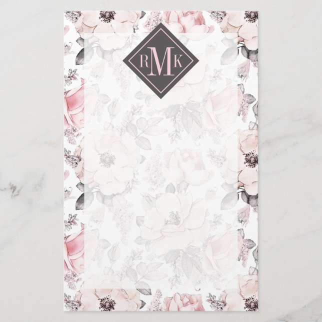 Add Your Monogram | Classic Pink & Gray Pattern Stationery (Front)