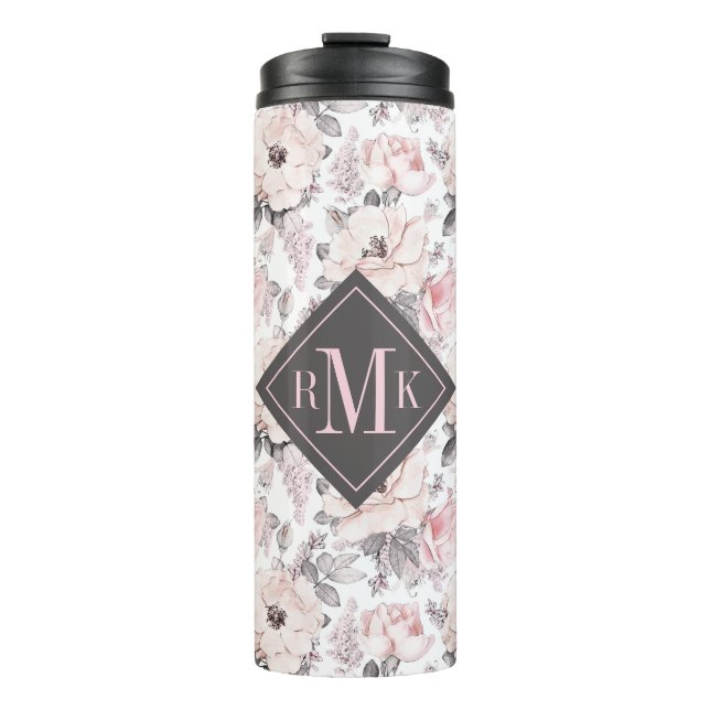 Add Your Monogram | Classic Pink & Gray Pattern Thermal Tumbler (Front)
