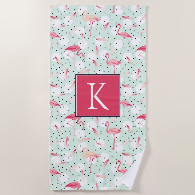Add Your Monogram | Flamingo Bird With Feathers Beach Towel (Front)