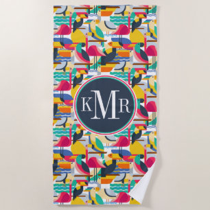Add Your Monogram Geometric Tropical Birds Beach Towel