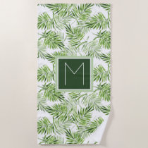 Add Your Monogram | Green Palm Leaves Beach Towel