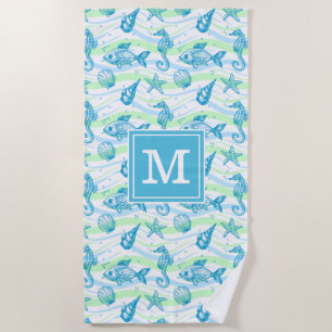 Add Your Monogram   Marine Sketch Pattern Beach Towel