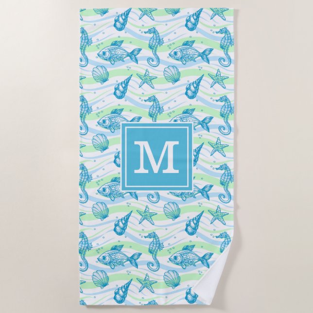 Add Your Monogram | Marine Sketch Pattern Beach Towel (Front)