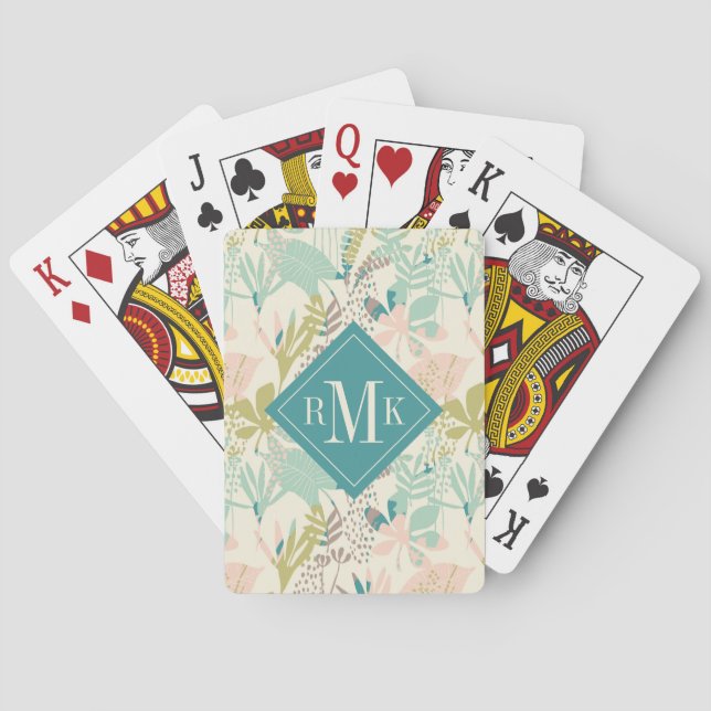 Add Your Monogram | Modern Floral Pattern Poker Cards (Back)