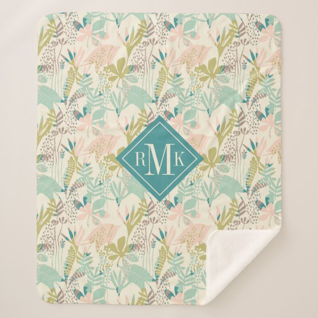 Add Your Monogram | Modern Floral Pattern Sherpa Blanket (Front)