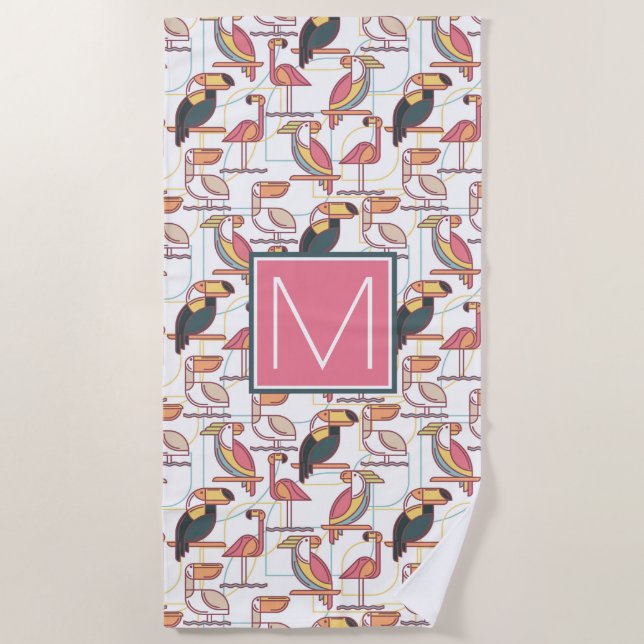 Add Your Monogram |Modern Pattern With Tropical Bi Beach Towel (Front)