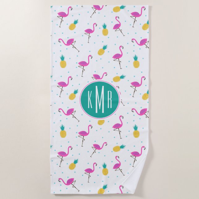 Add Your Monogram | Neon Flamingos Beach Towel (Front)