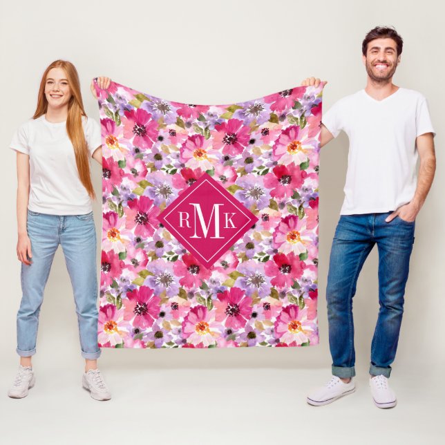 Add Your Monogram | Summer Watercolor Floral Fleece Blanket (In Situ)