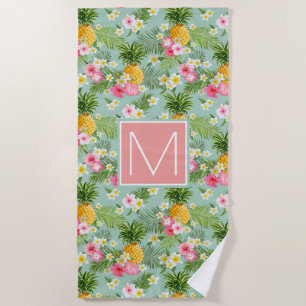 Add Your Monogram Tropical Flowers & Pineapples Beach Towel