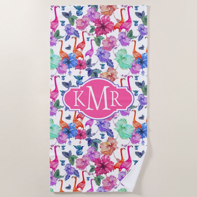 Add Your Monogram | Tropical Watercolor Pattern Beach Towel (Front)