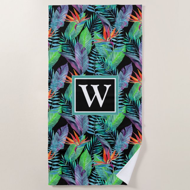 Add Your Monogram | Watercolor Bird Of Paradise Beach Towel (Front)