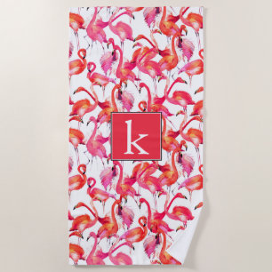Add Your Monogram Watercolor Flamingos Beach Towel