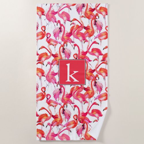 Add Your Monogram  Watercolor Flamingos Beach Towel