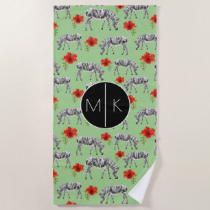 Add Your Monogram Zebras Among Hibiscus Flowers Beach Towel