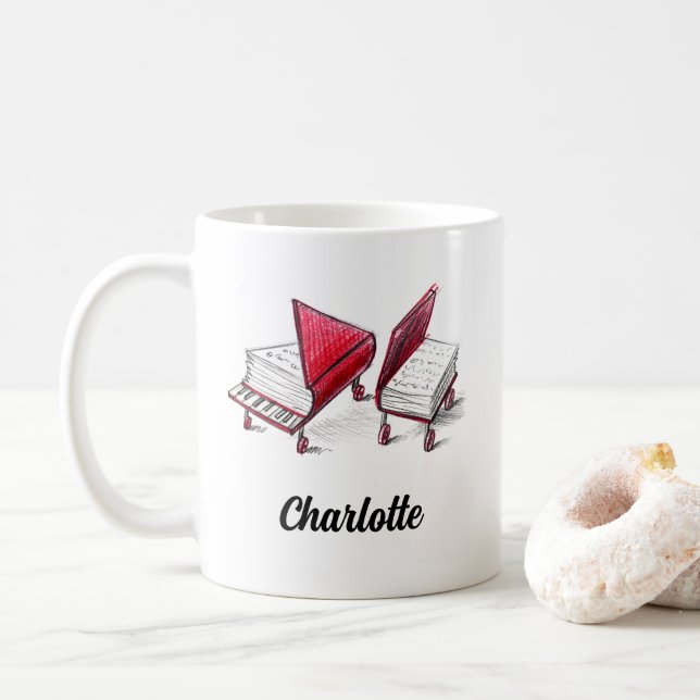 Add Your Name Artistic Piano Book Sketches Coffee Mug (With Donut)