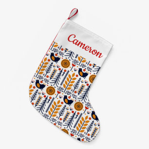 Add Your Name Autumn Bird Folk Art Pattern Small Christmas Stocking