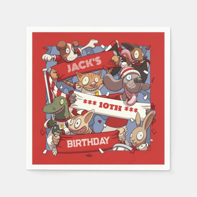 Add Your Name Birthday Party Animal Fans Cartoon Napkins (Front)