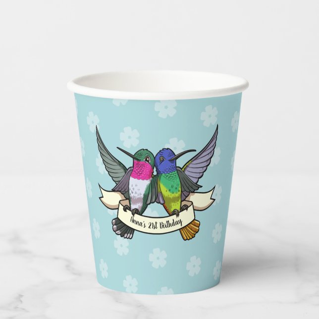 Add Your Name Birthday Party Colorful Hummingbirds Paper Cups (Front)