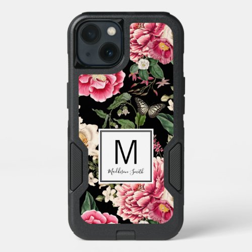 Add Your Name Black and Pink Floral Pattern iPhone 13 Case