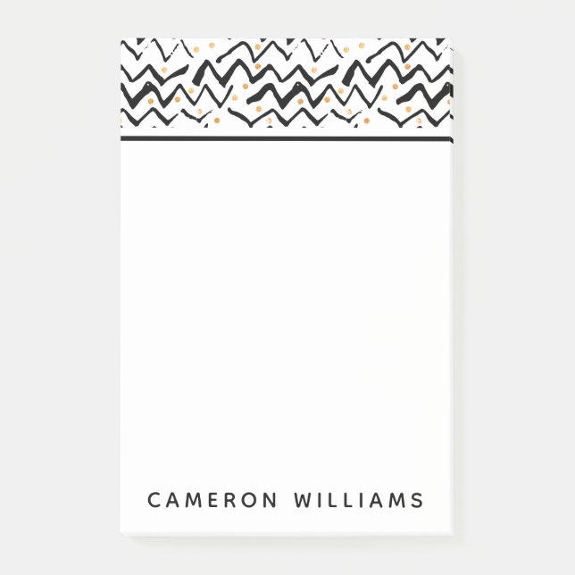 Add Your Name | Black Brush Strokes & Dots Pattern Post-it Notes (Front)