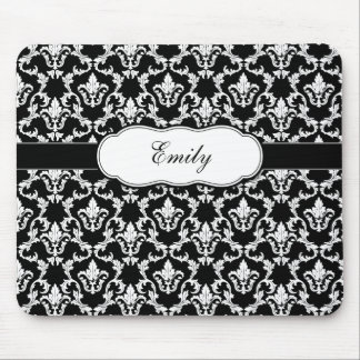 Add Your Name Black on White Damask Mousepad
