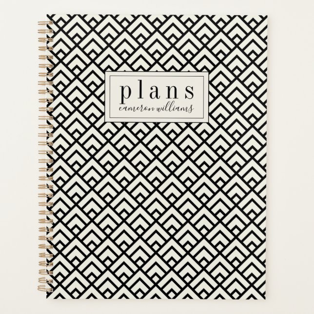 Add Your Name | Black & White Geometric Pattern Planner (Front)