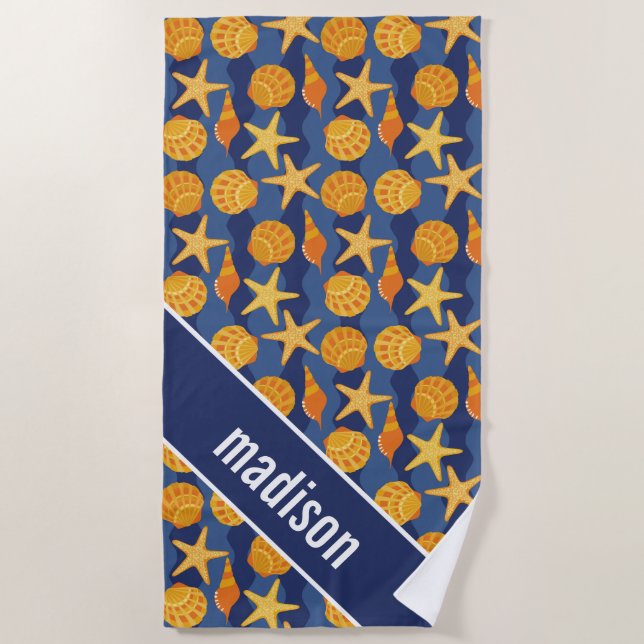 Add Your Name | Blue And Orange Seashell Pattern Beach Towel (Front)