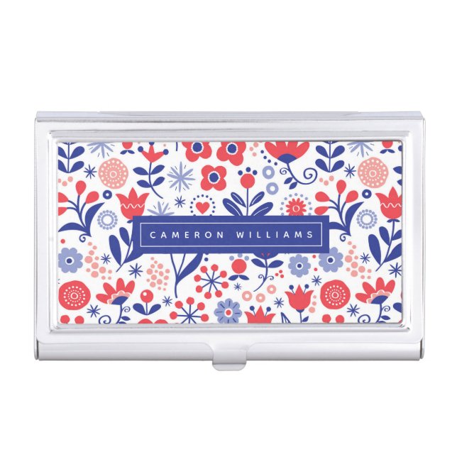 Add Your Name | Blue & Coral Floral Pattern Business Card Case (Front)