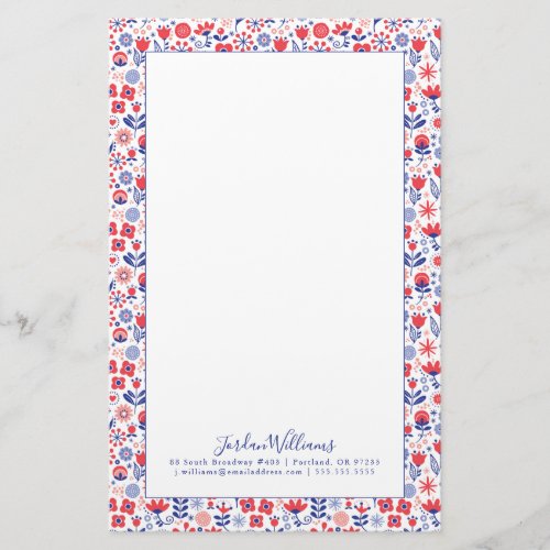 Add Your Name  Blue  Coral Floral Pattern Stationery