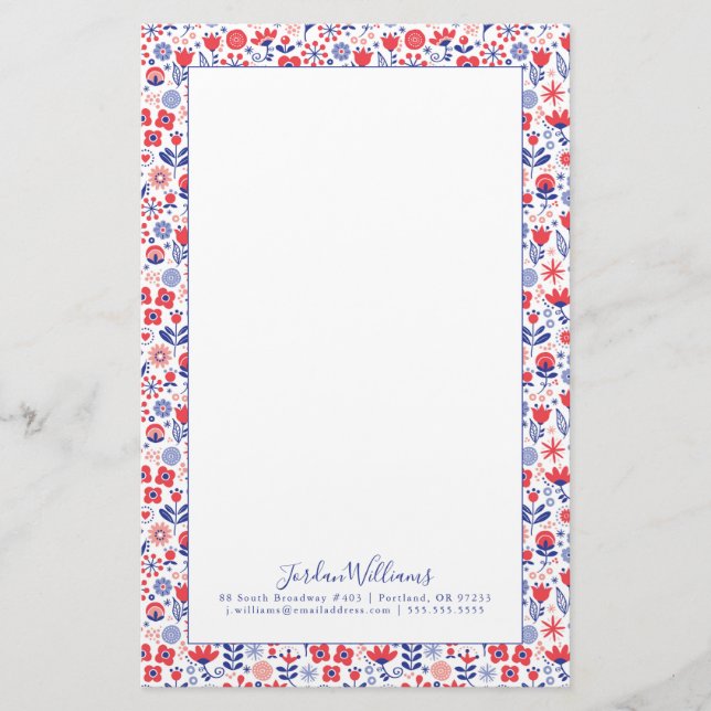 Add Your Name | Blue & Coral Floral Pattern Stationery (Front)