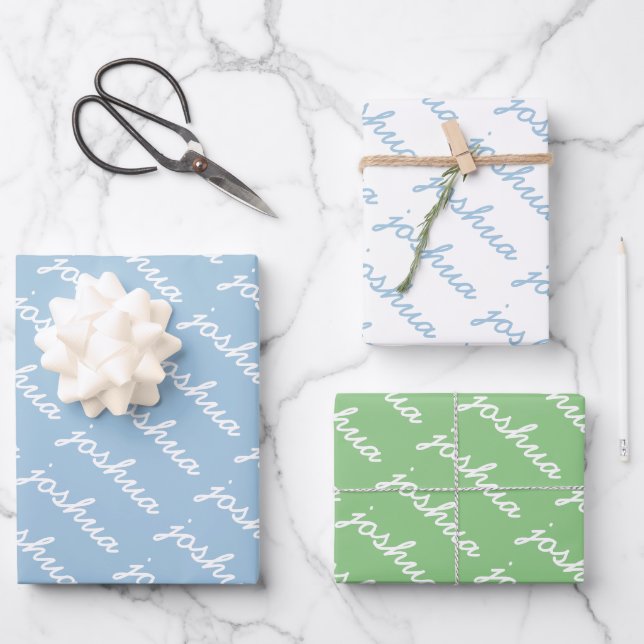 Add-Your-Name Blue | Green  Cursive Name  Wrapping Paper Sheets (Front)