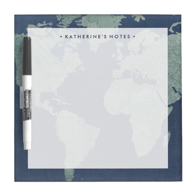 Add Your Name | Blue Linen World Map Dry Erase Board (Front)