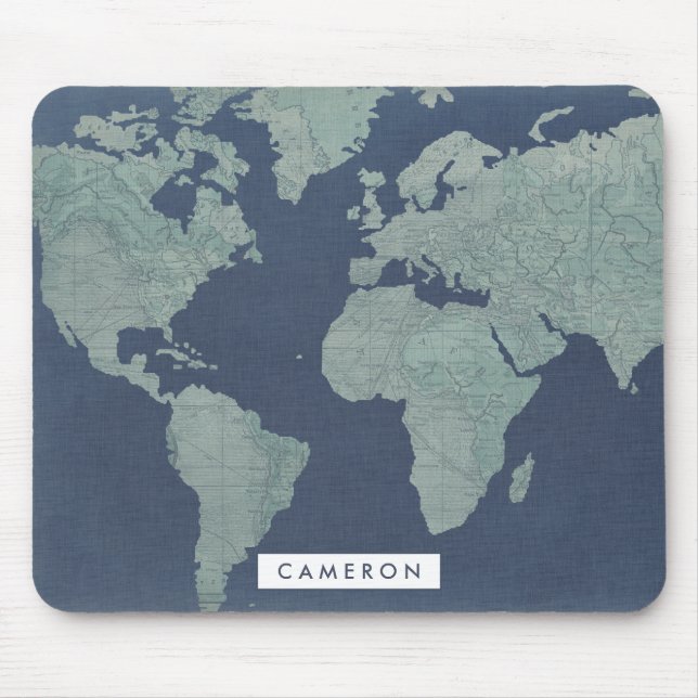 Add Your Name | Blue Linen World Map Mouse Pad (Front)