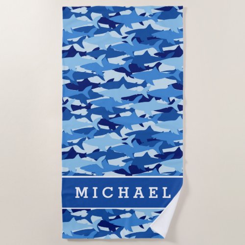 Add Your Name  Blue Shark Pattern Beach Towel