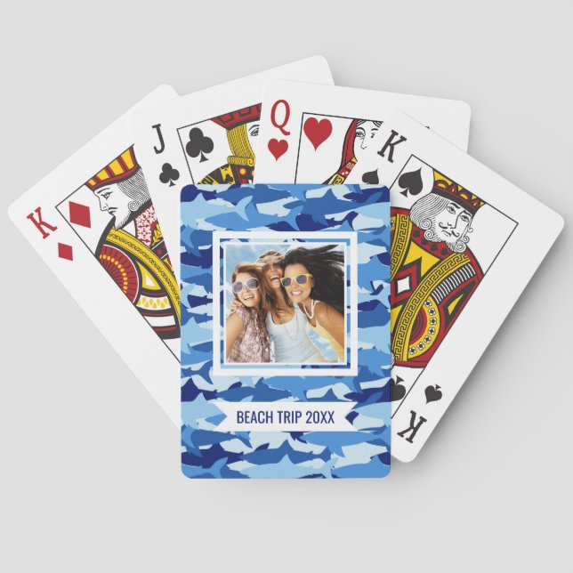 Add Your Name | Blue Shark Pattern | Monogram Poker Cards (Back)