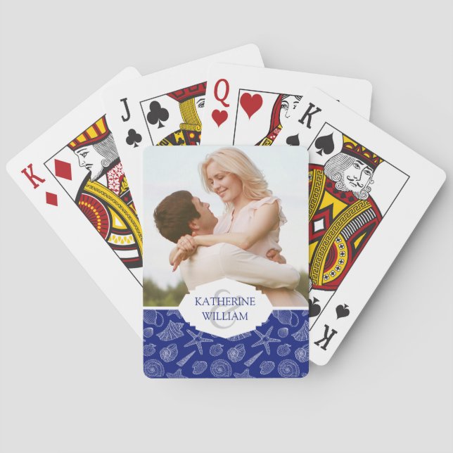 Add Your Name | Bright Blue Shell Pattern Poker Cards (Back)