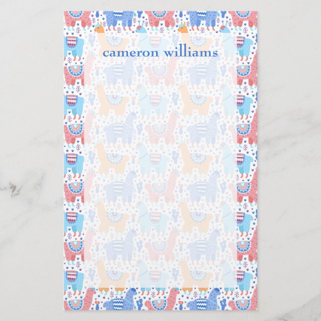 Add Your Name | Bright Colorful Alpaca Pattern Stationery (Front)