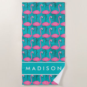 Add Your Name Bright Flamingo Pattern Beach Towel