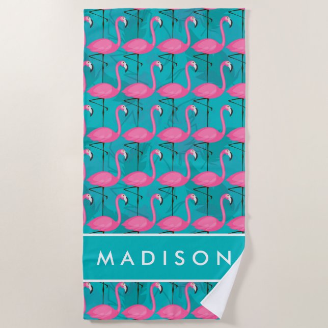 Add Your Name | Bright Flamingo Pattern Beach Towel (Front)