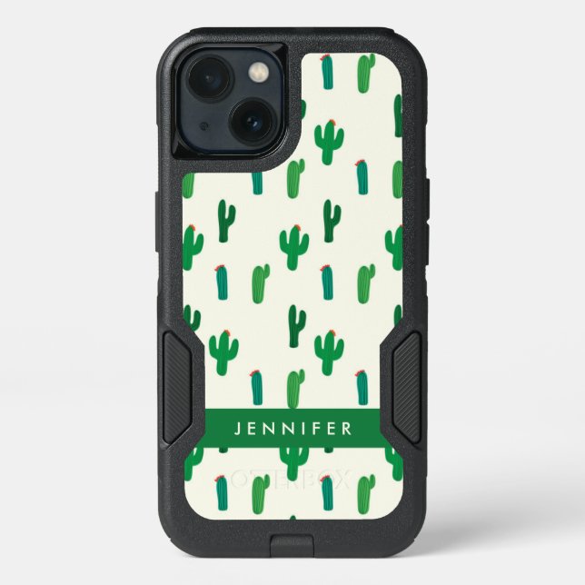 Add Your Name | Bright Green Cactus Pattern Otterbox iPhone Case (Back)