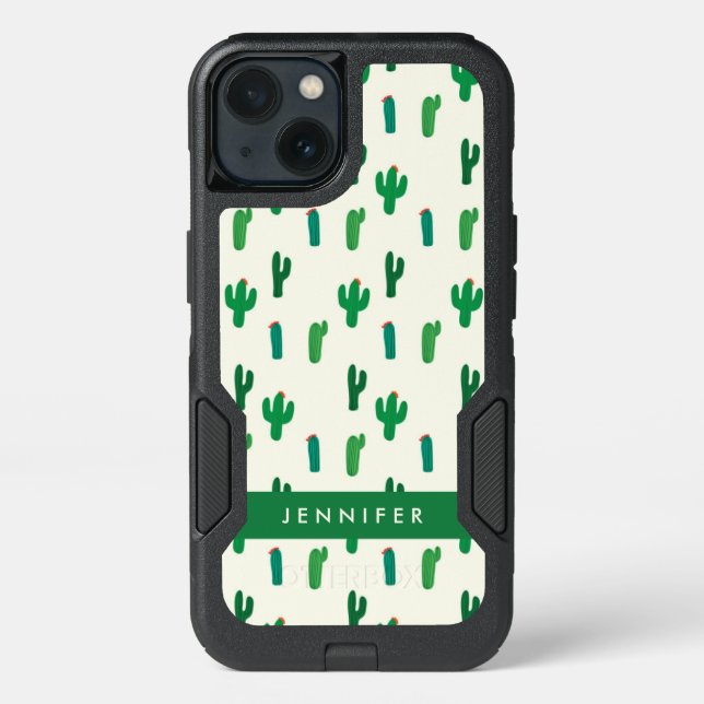 Add Your Name | Bright Green Cactus Pattern Otterbox iPhone Case (Back)
