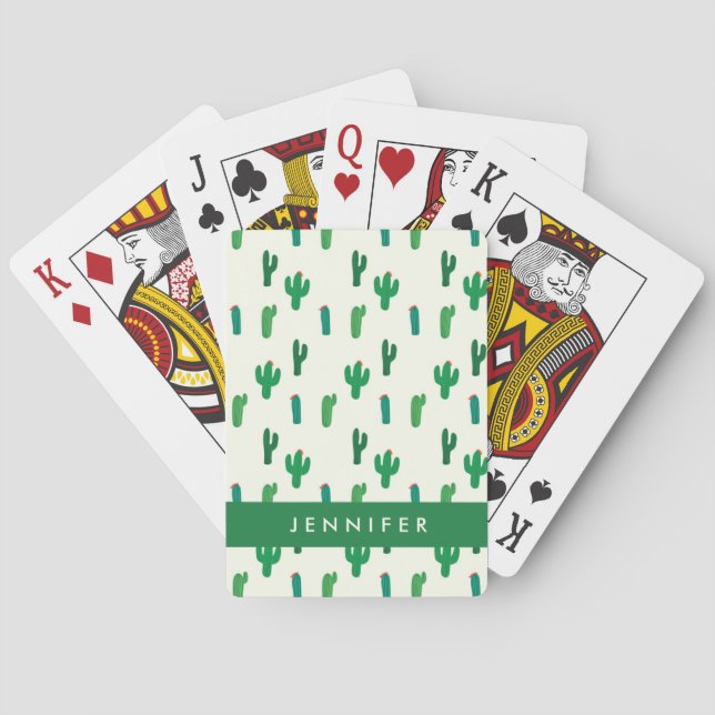 Add Your Name | Bright Green Cactus Pattern Poker Cards (Back)
