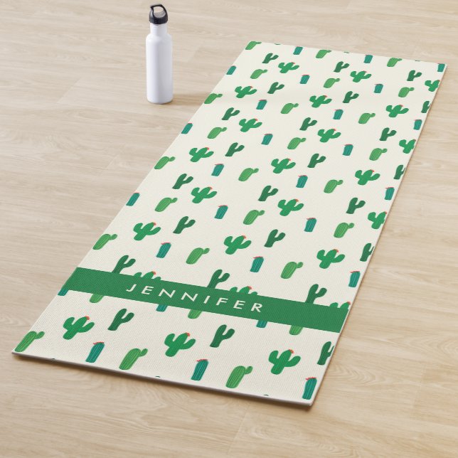 Add Your Name | Bright Green Cactus Pattern Yoga Mat (In Situ)