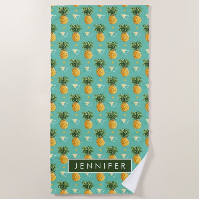 Add Your Name | Bright Pineapples On Geometric Pat Beach Towel (Front)