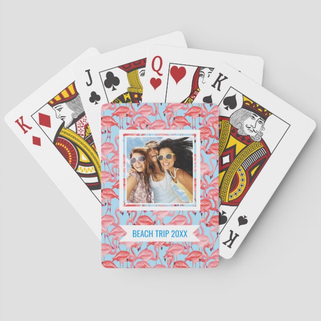 Add Your Name | Bright Pink Flamingos On Blue Poker Cards (Back)