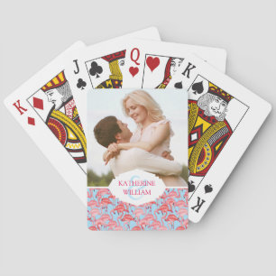 Add Your Name   Bright Pink Flamingos On Blue Poker Cards