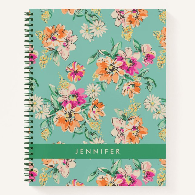 Add Your Name | Bright Sketch Floral Pattern Notebook (Front)