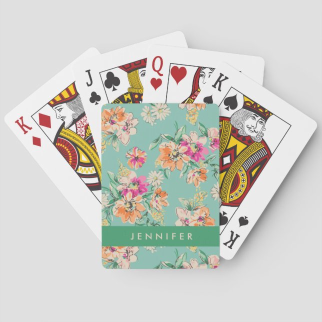 Add Your Name | Bright Sketch Floral Pattern Poker Cards (Back)