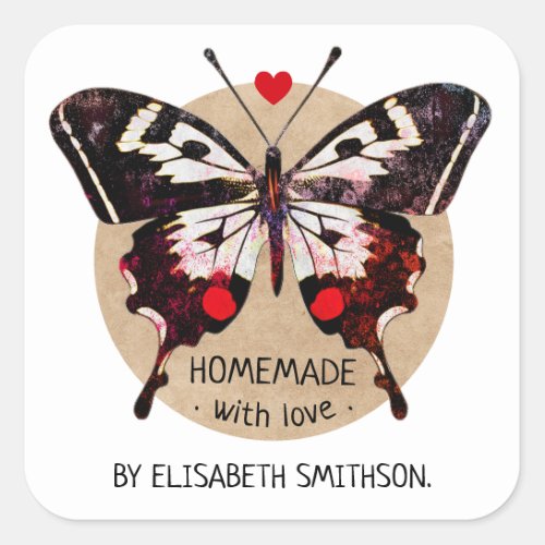 Add Your Name Butterfly  Heart Homemade With Love Square Sticker