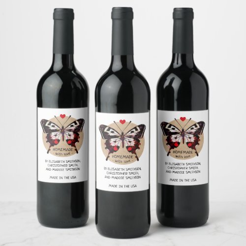 Add Your Name Butterfly  Heart Homemade With Love Wine Label